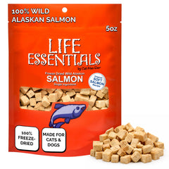 Life Essentials by Cat-Man-Doo salmon freeze-dried 5oz bag front view with high-protein appeal