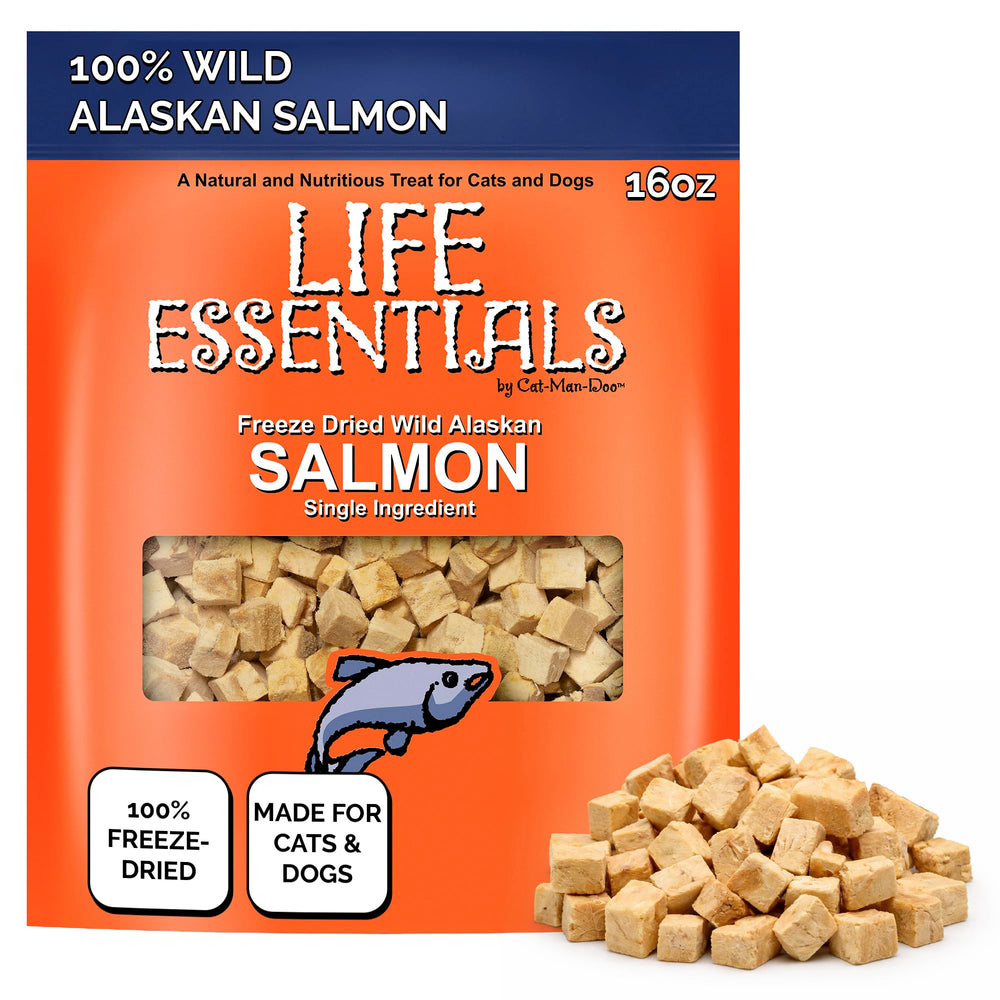 Life Essentials by Cat-Man-Doo salmon freeze-dried treats—front-view bag shows high-protein reward.