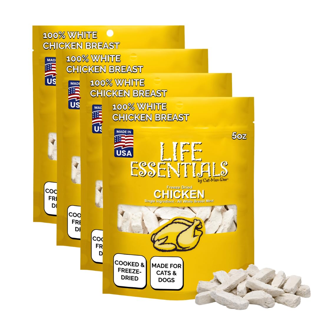 Life Essentials freeze-dried chicken treats in a 4-pack, ideal for training rewards.
