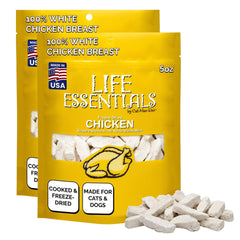 Life Essentials freeze-dried chicken bag front, protein-packed for dogs and cats.