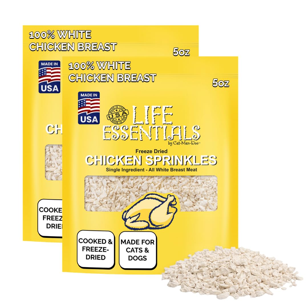 Life Essentials Chicken Sprinkles pack front view highlights protein-rich, single-ingredient treats.