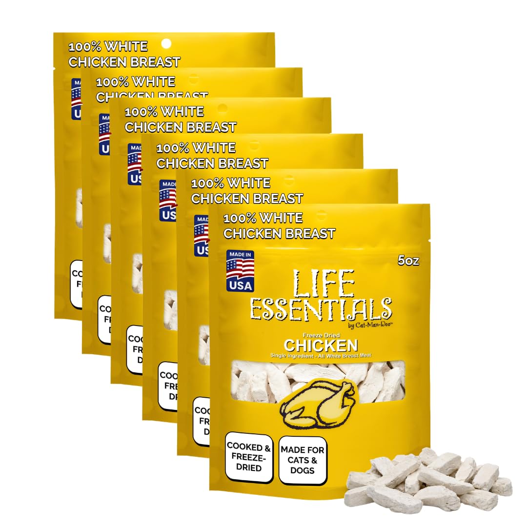 Life Essentials freeze-dried chicken treats in a six-pack bag, high-protein snack.
