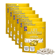Life Essentials freeze-dried chicken treats in a six-pack bag, high-protein snack.