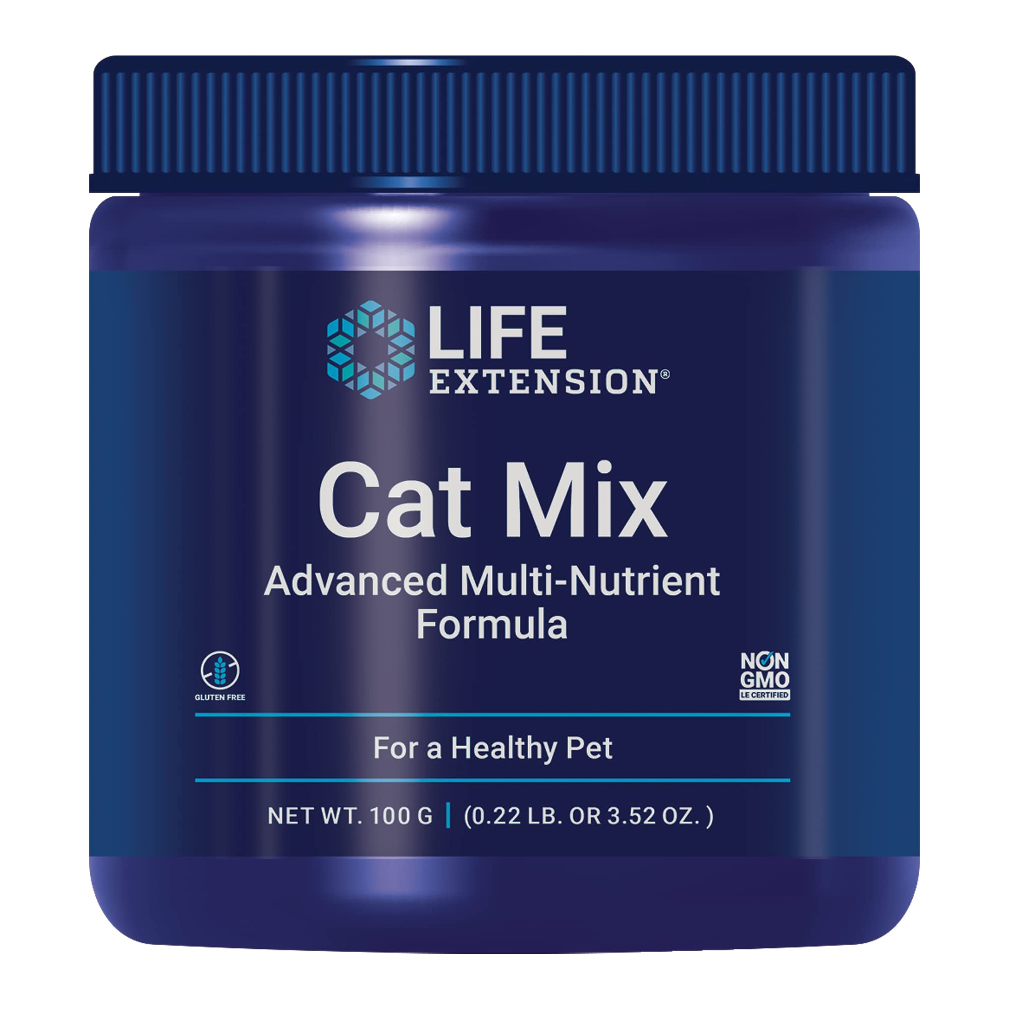 Life Extension Cat Mix bottle closeup showing complete health support for cats.