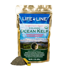 Life Line Organic Ocean Kelp bottle showing natural iodine source for pets