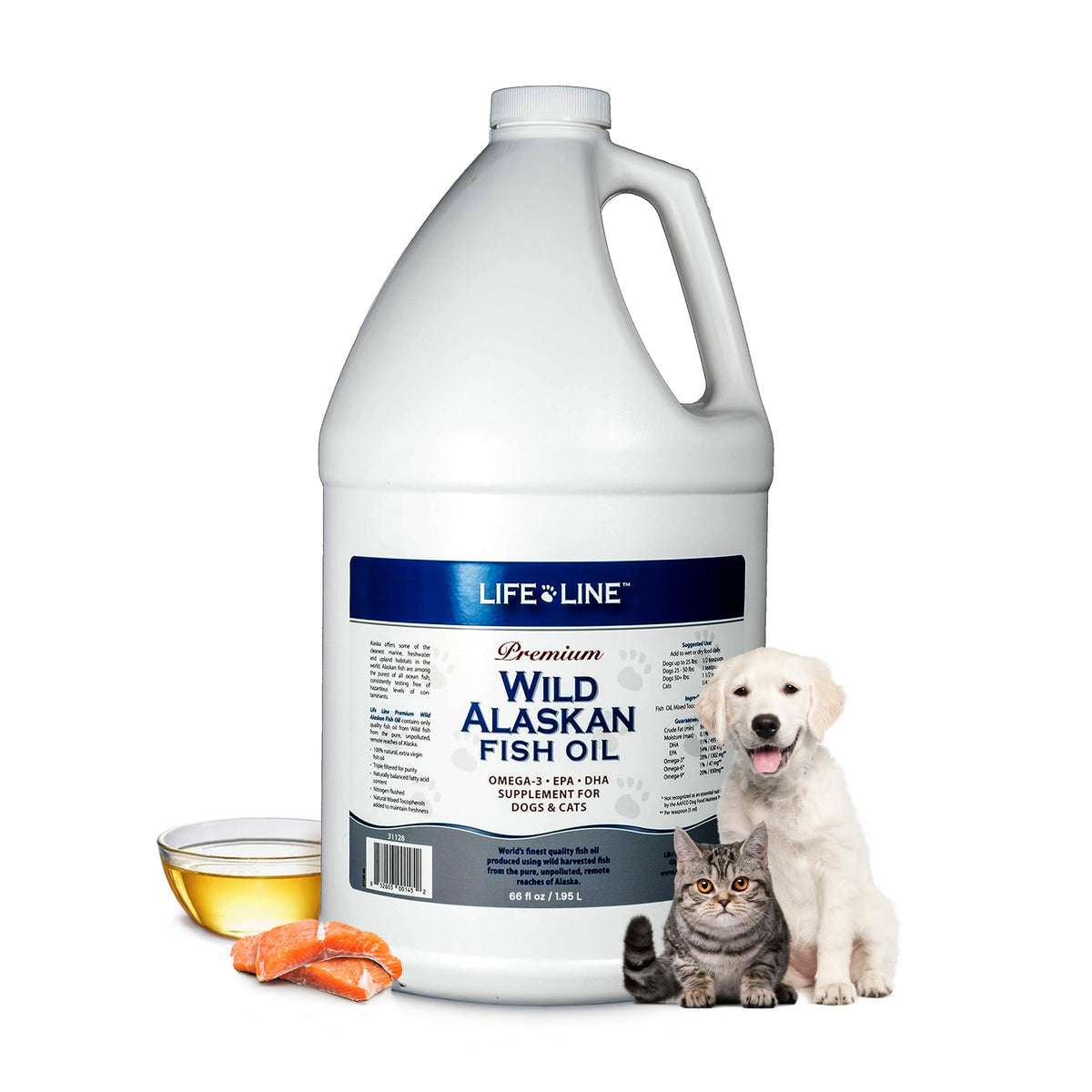 Life Line Wild Alaskan Fish Oil bottle showing the product and its value for dogs and cats