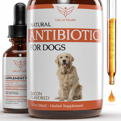 Life of Health natural dog antibiotics bottle and pour for easy dosing.
