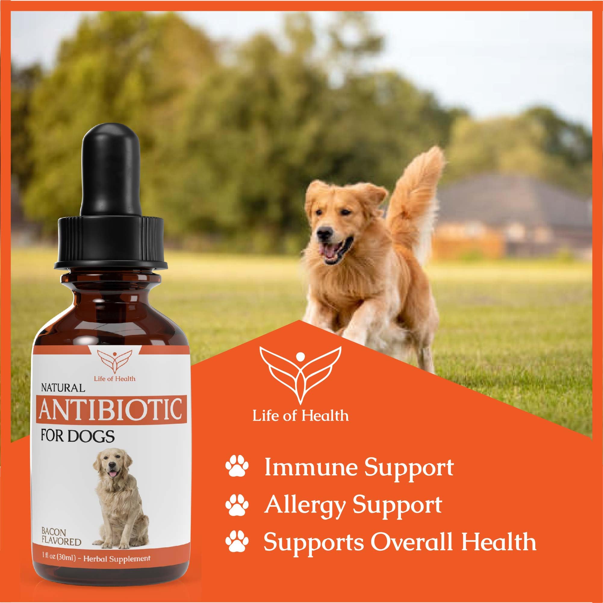 Life of Health natural dog antibiotics on food for convenient daily use.