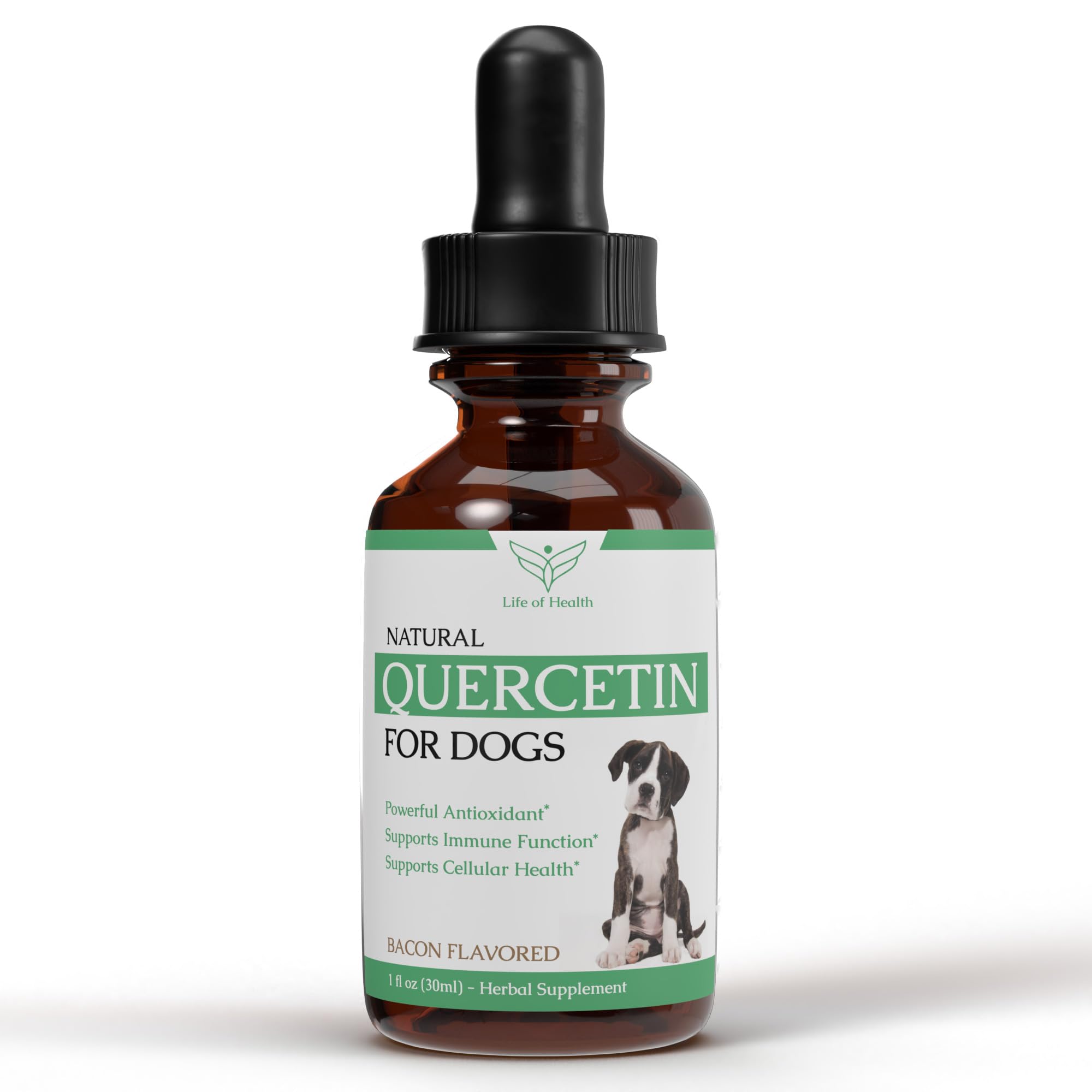Life of Health Quercetin for Dogs bottle demonstrates easy, convenient dosing.