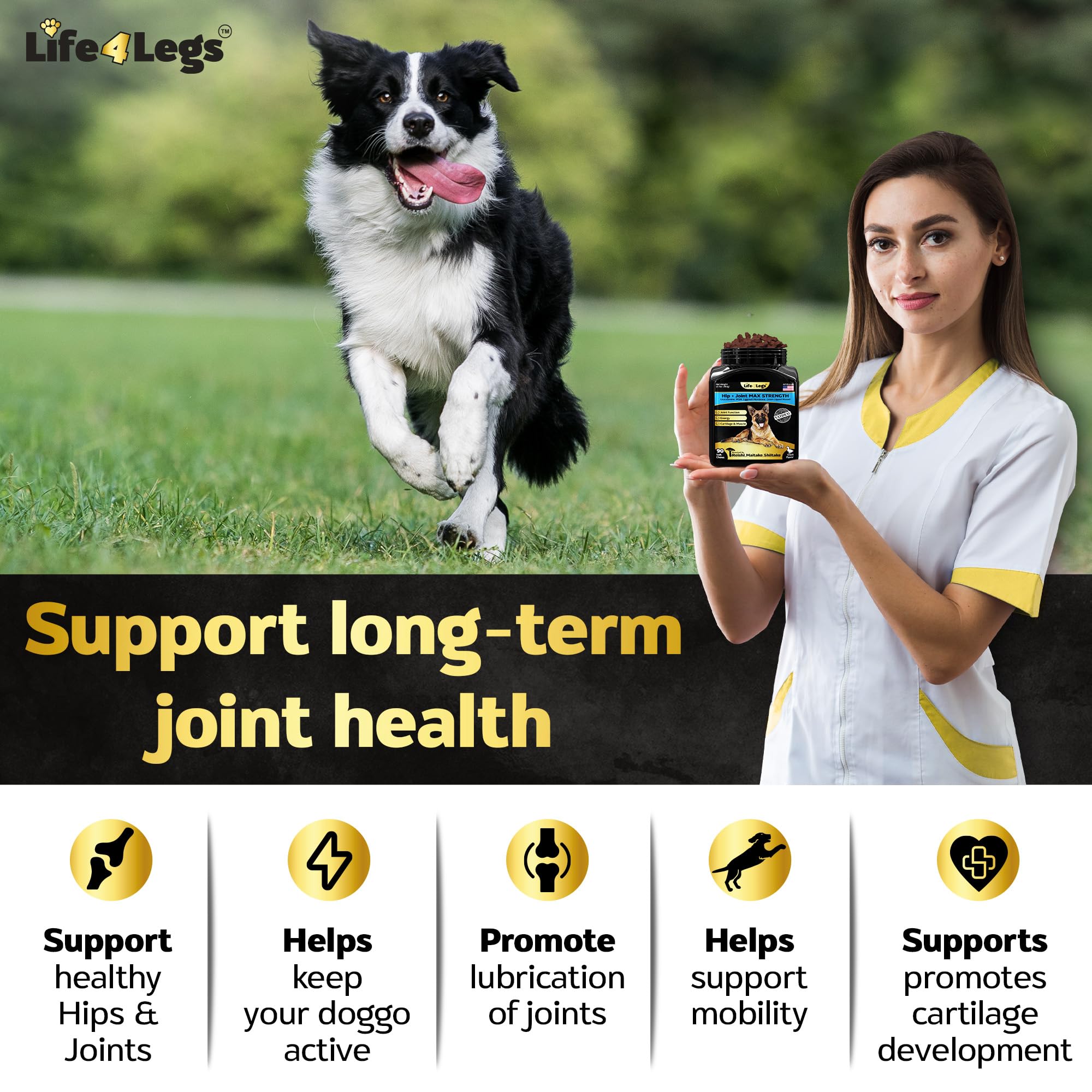 Life4Legs packaging close-up showcasing hip and joint formula
