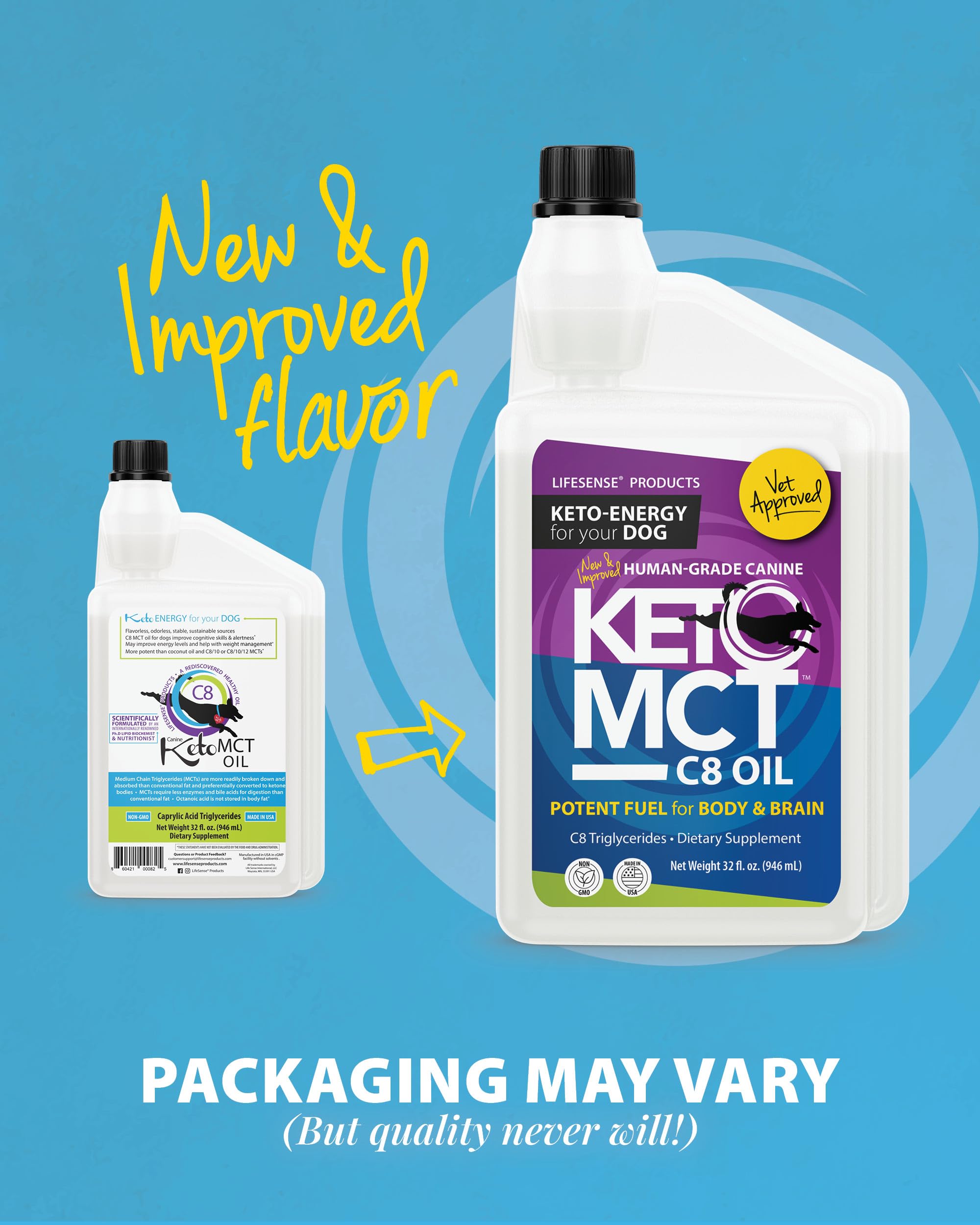 LifeSense C8 MCT Oil for Dogs bottle sideview highlights vet-approved, high-purity formula.