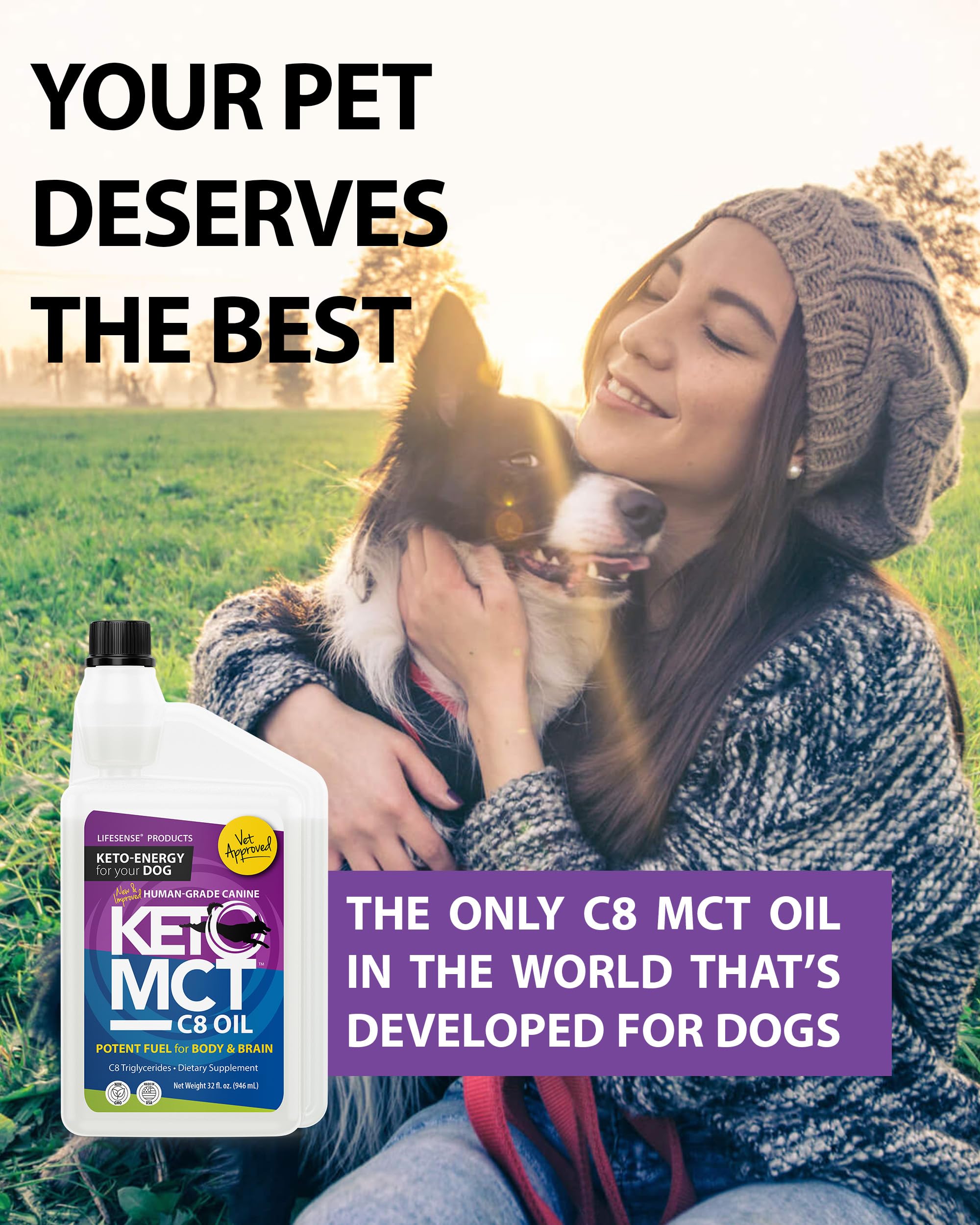 LifeSense C8 MCT Oil for Dogs dosing-spoon shows simple mixing into meals.