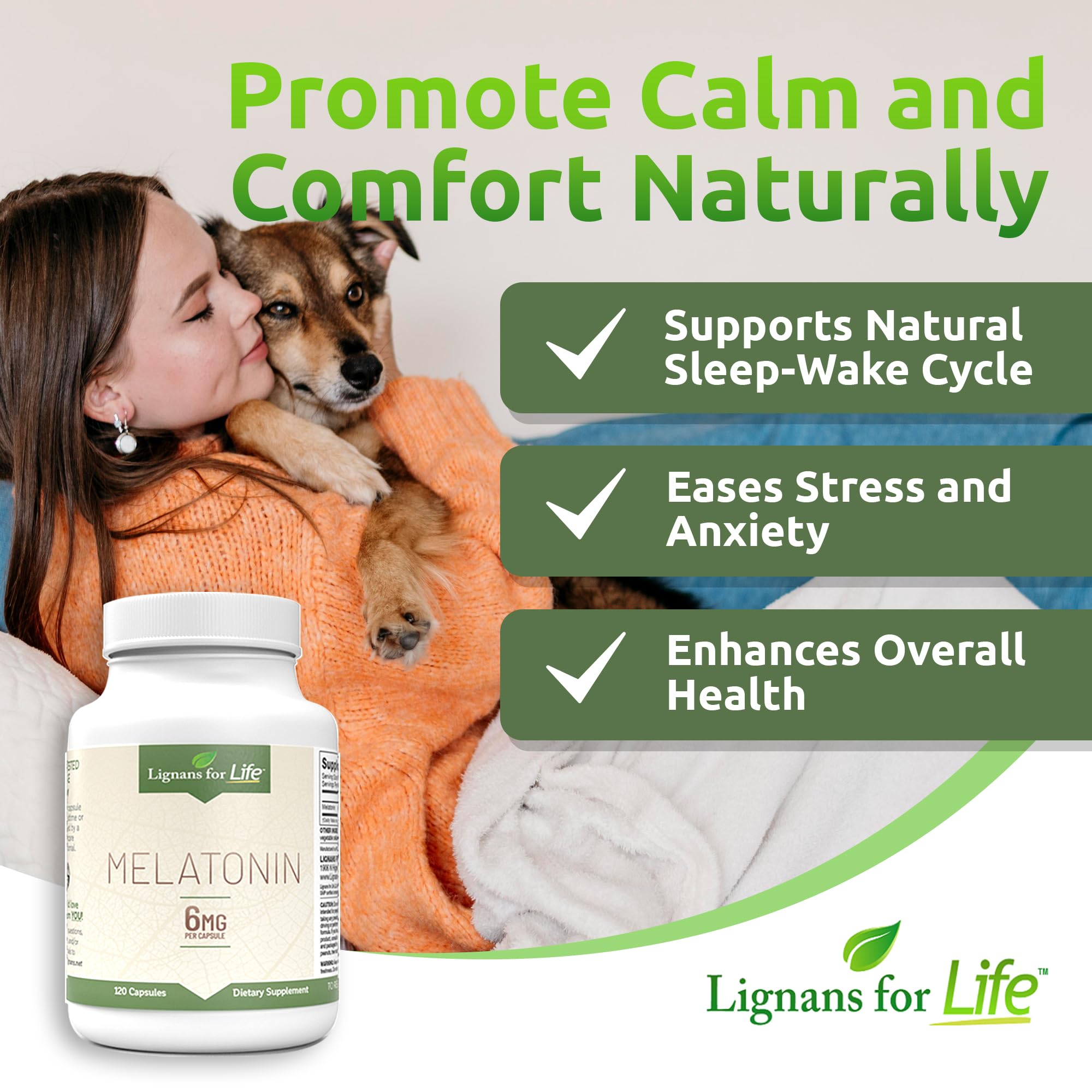Close-up of Lignans For Life melatonin capsules showing 6 mg dosage per cap