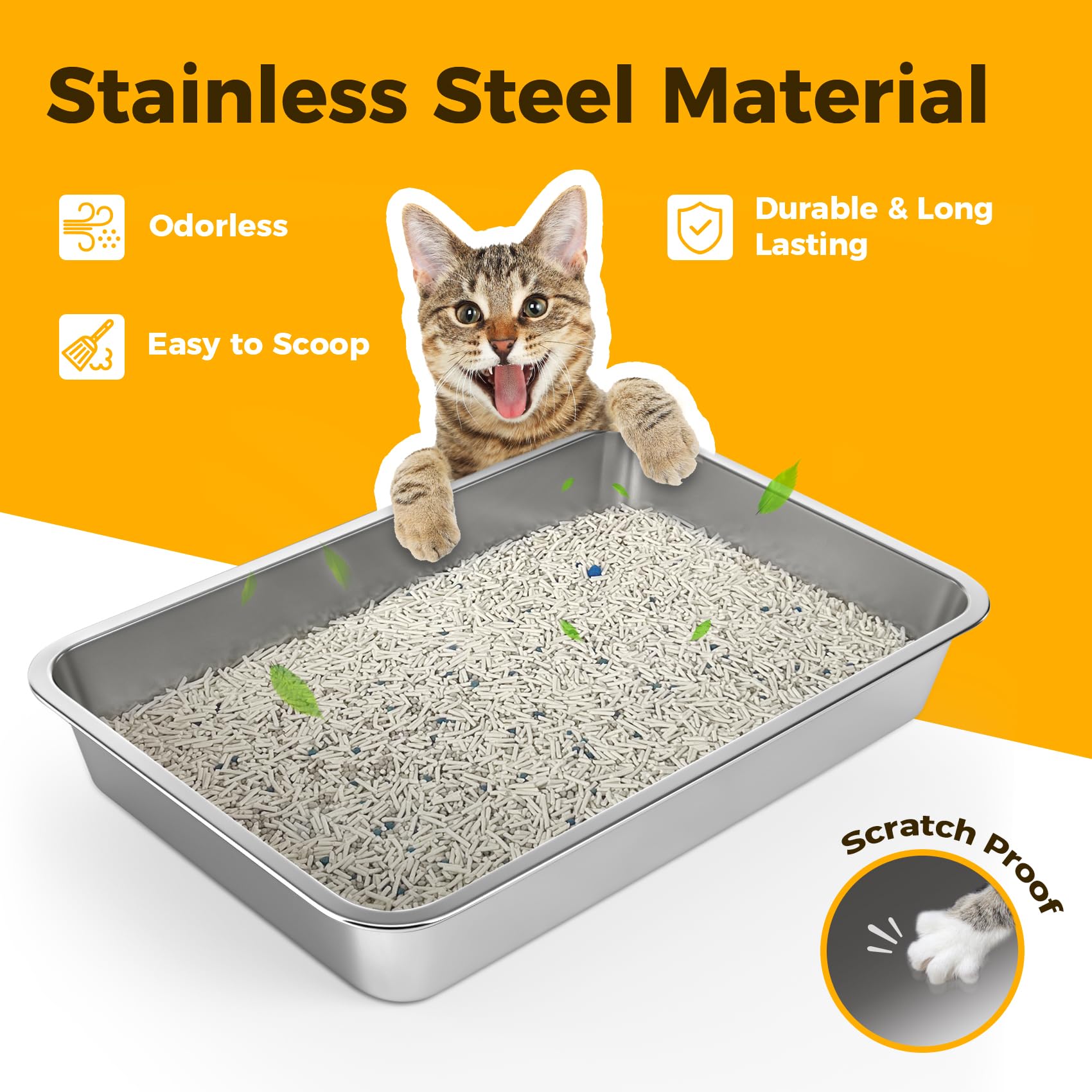 LIHONG stainless steel cat litter box side view showing low entry height