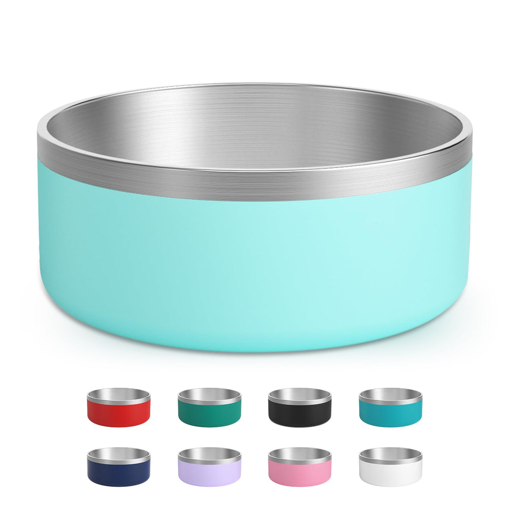 LIHOOOOM stainless steel dog bowl with mint green exterior for durable hydration.