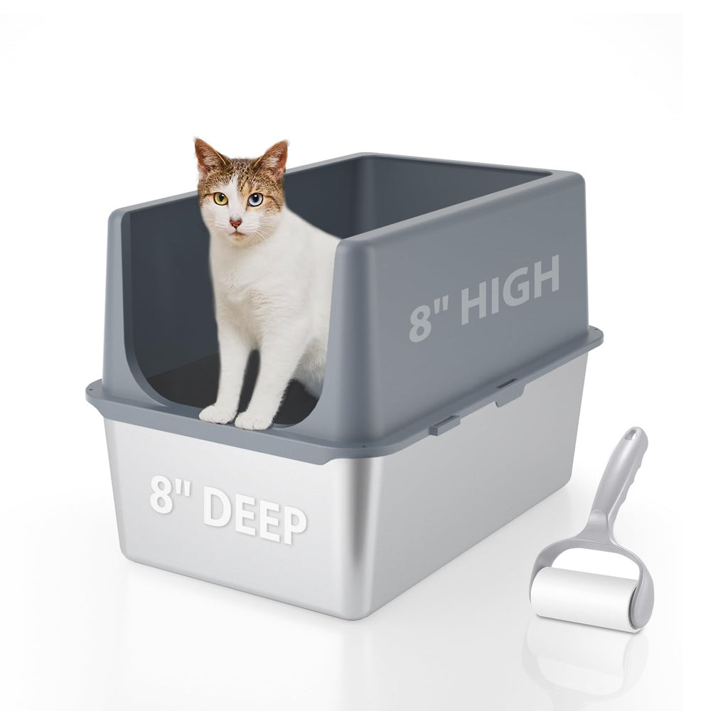 LIHOOOOM stainless steel litter box with lid, front view showing high sides for containment