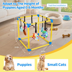 Liitrton Puppy Play Gym showing 8 toys for stimulating puppy play.
