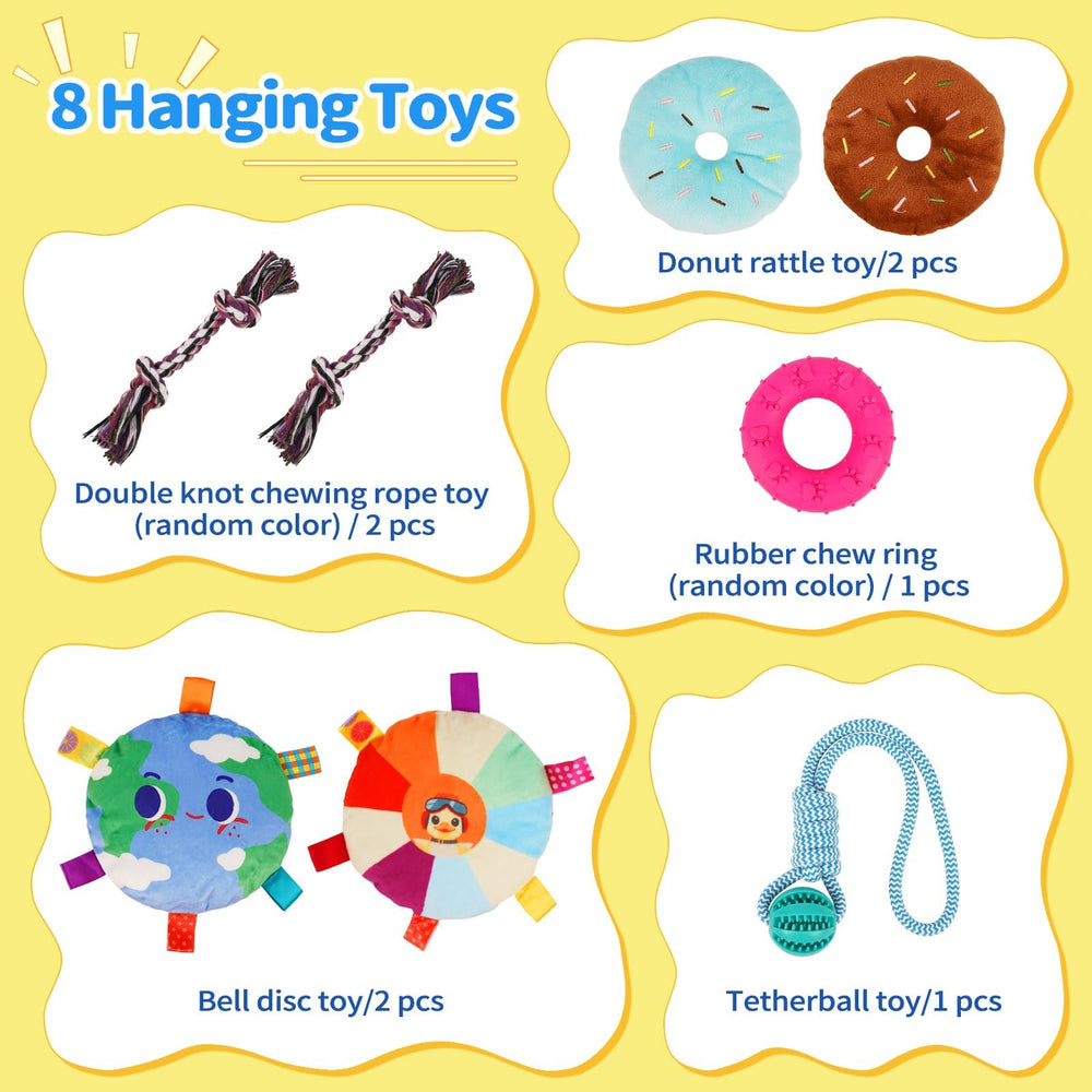 Liitrton Puppy Play Gym with elastic rope ties adjusts toy height.