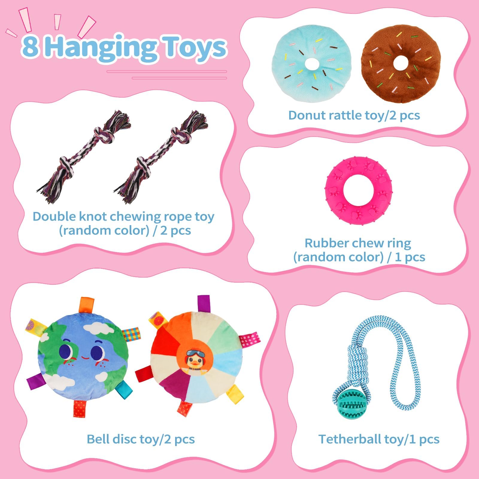 Liitrton Puppy Play Gym donut rattle toy two provides extra sensory engagement.