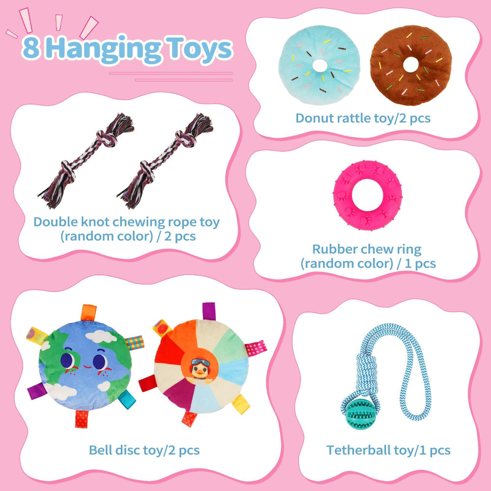 Liitrton Puppy Play Gym donut rattle toy two provides extra sensory engagement.
