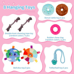Liitrton Puppy Play Gym donut rattle toy two provides extra sensory engagement.