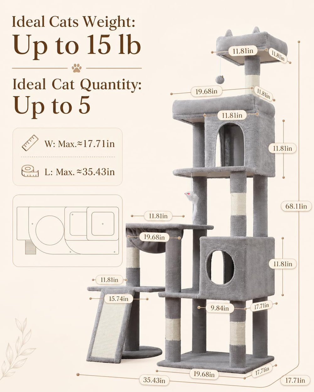 LIKISAK big cat tower with sisal posts providing durable scratching surfaces.