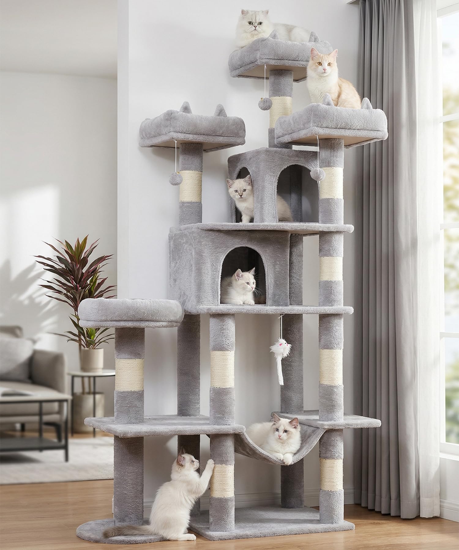 LIKISAK PMT03GY cat tree with two private condos for peaceful naps and privacy.