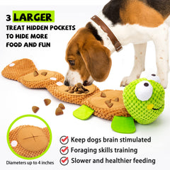 Lilfrd turtle puzzle toy showing Velcro layers to access hidden rewards for dogs.