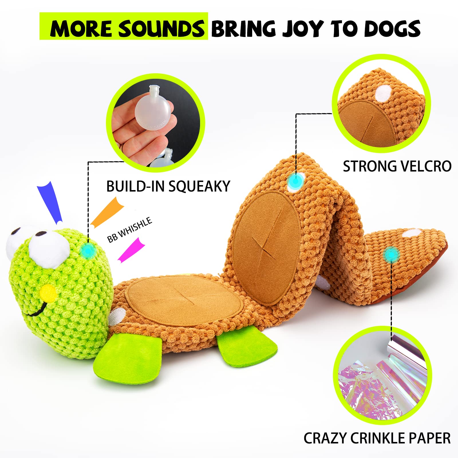 Lilfrd turtle squeaky head and crinkle shell provide engaging noise and playtime.
