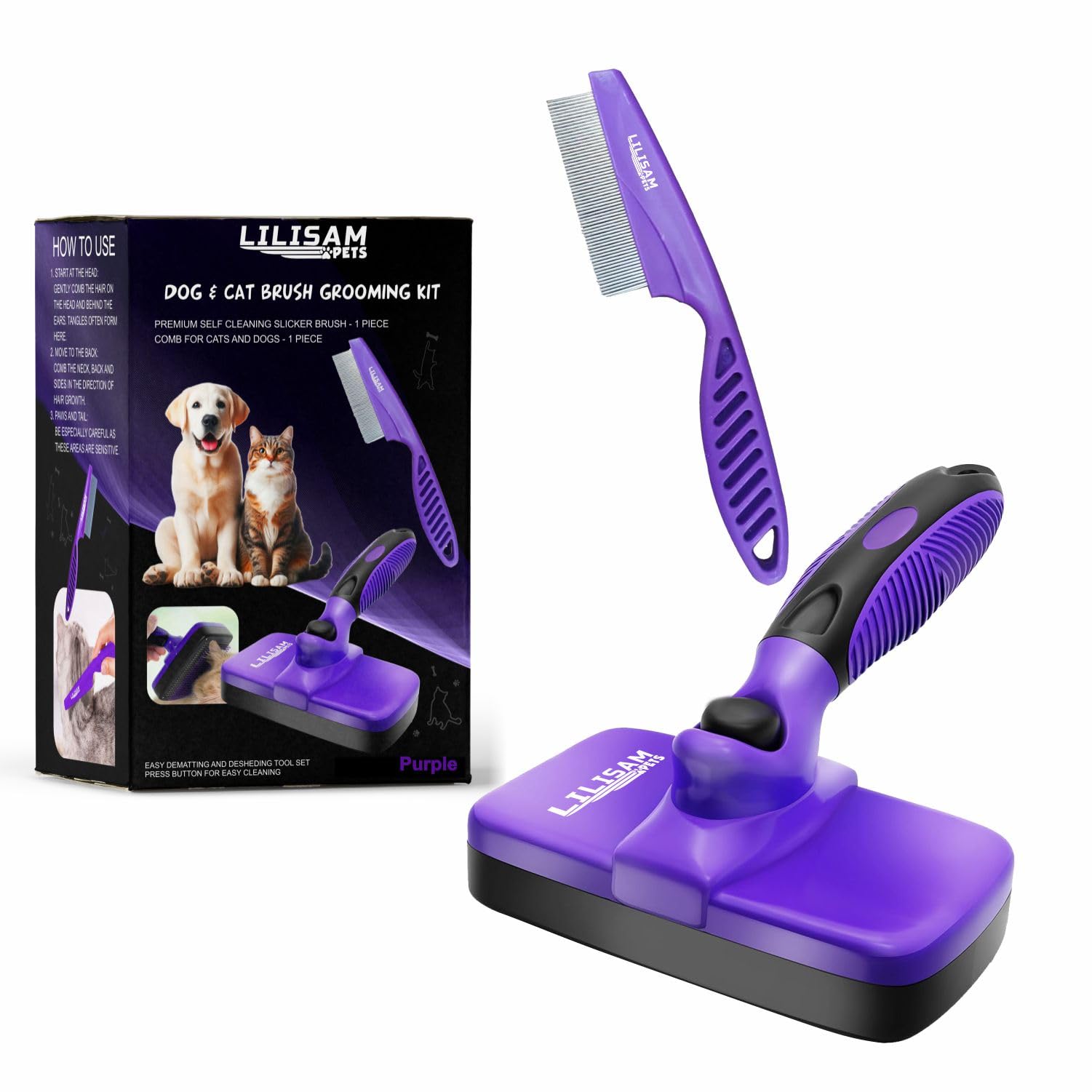 LILISAM self-cleaning slicker brush with purple handle for quick, gentle hair removal on dogs and cats.