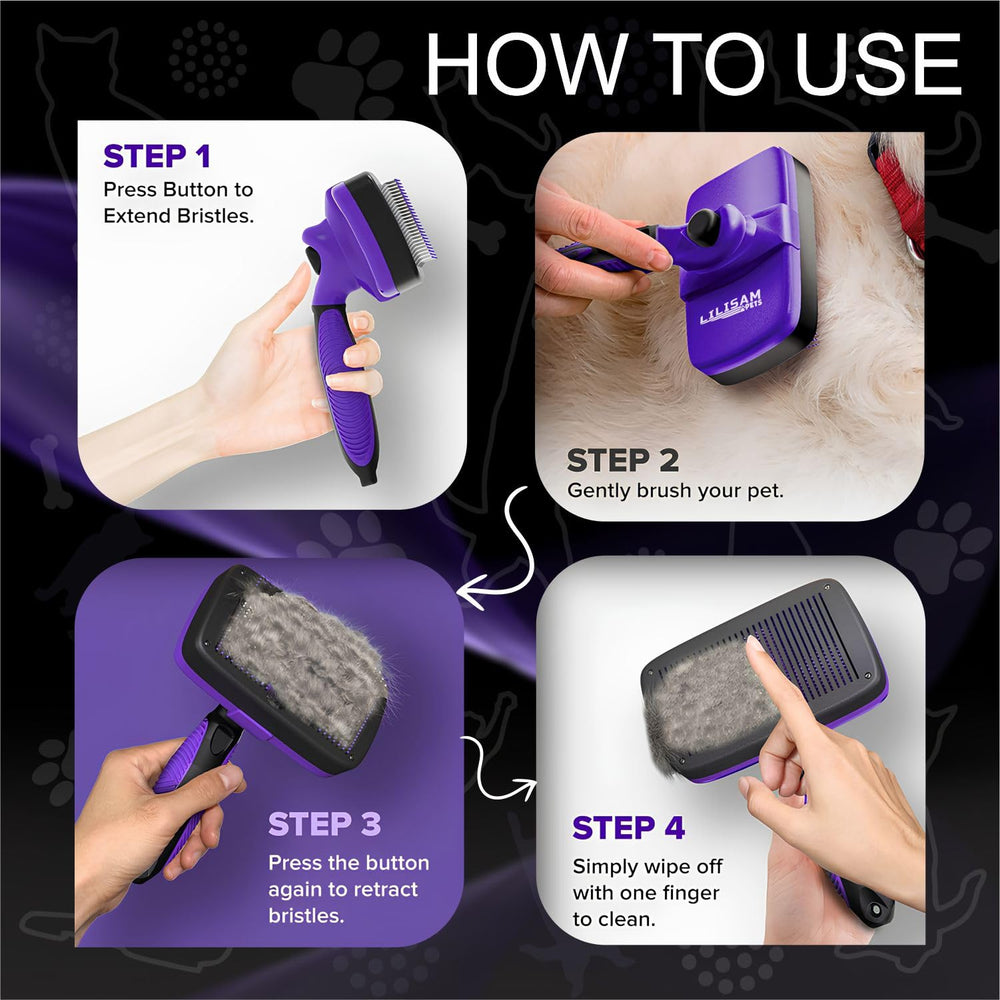 LILISAM self-cleaning button on slicker brush for easy maintenance and longer life.