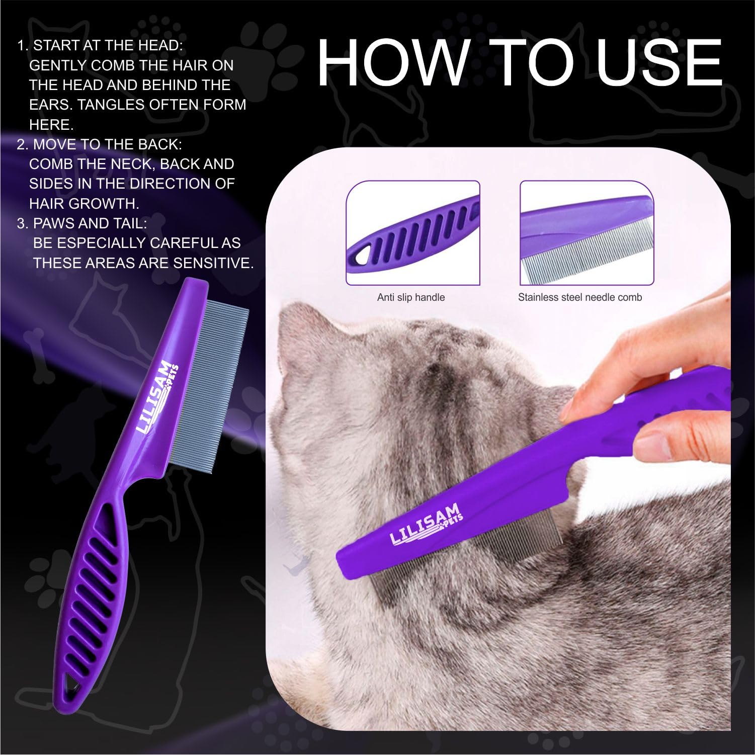 LILISAM ergonomic grooming tool with skin friendly bristles for comfortable brushing.
