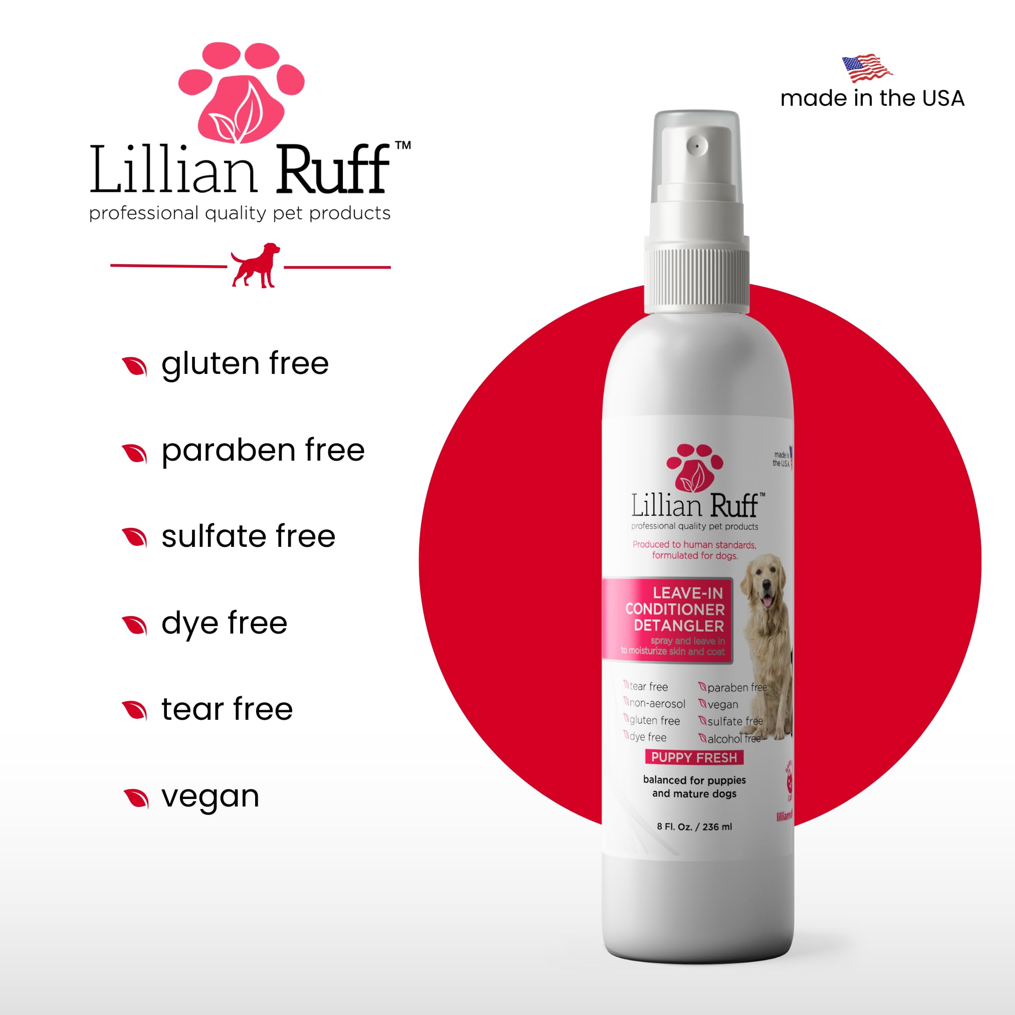Lillian Ruff after-bath grooming routine with conditioning spray.