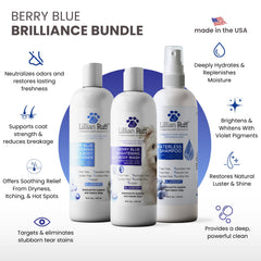 Lillian Ruff Berry Blue Brightening Conditioner bottle highlighting violet pigments for a luminous coat.