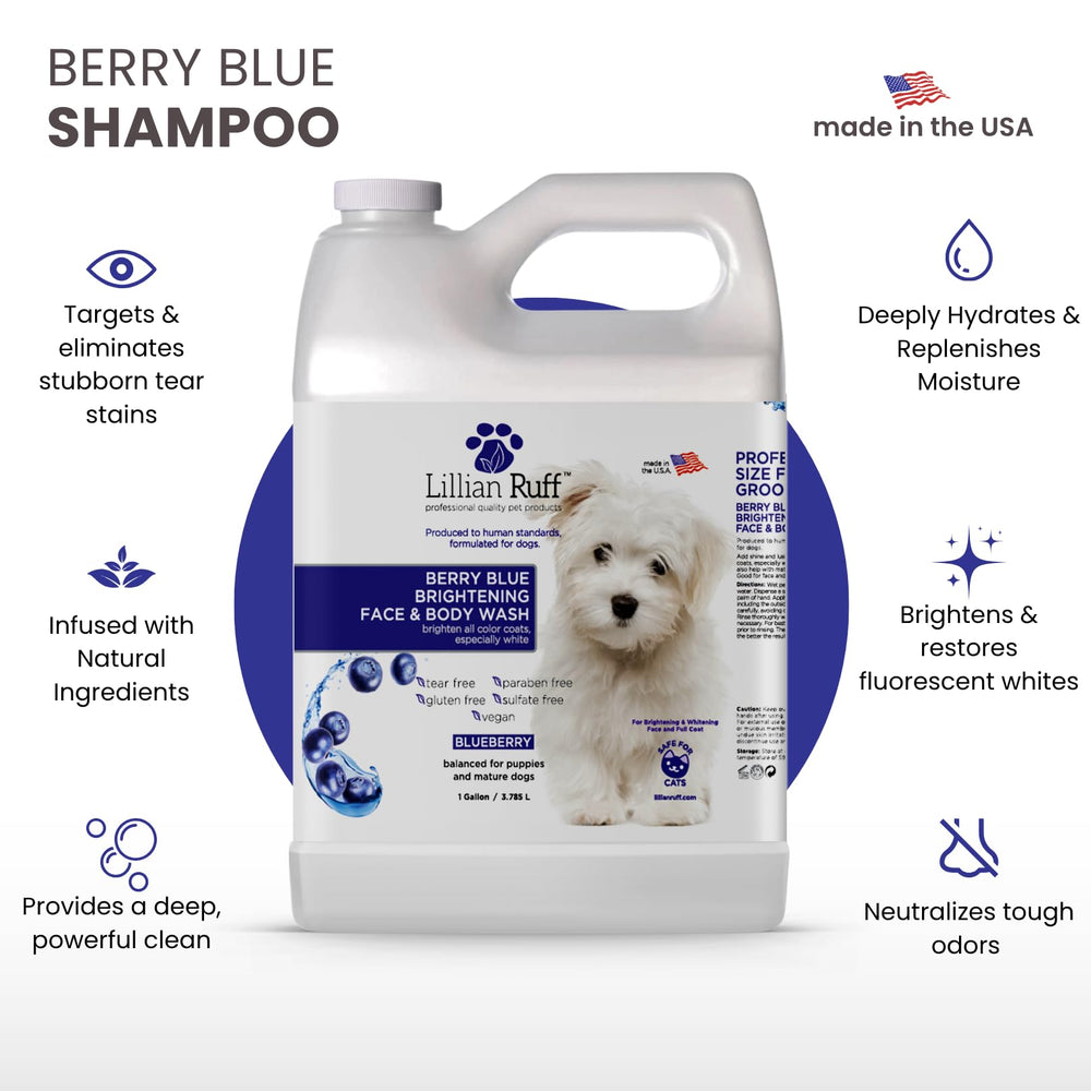 Lillian Ruff Berry Blue Brightening Shampoo lather highlighting gentle cleansing for all coat colors.