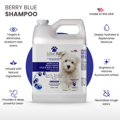 Lillian Ruff Berry Blue Brightening Shampoo lather highlighting gentle cleansing for all coat colors.