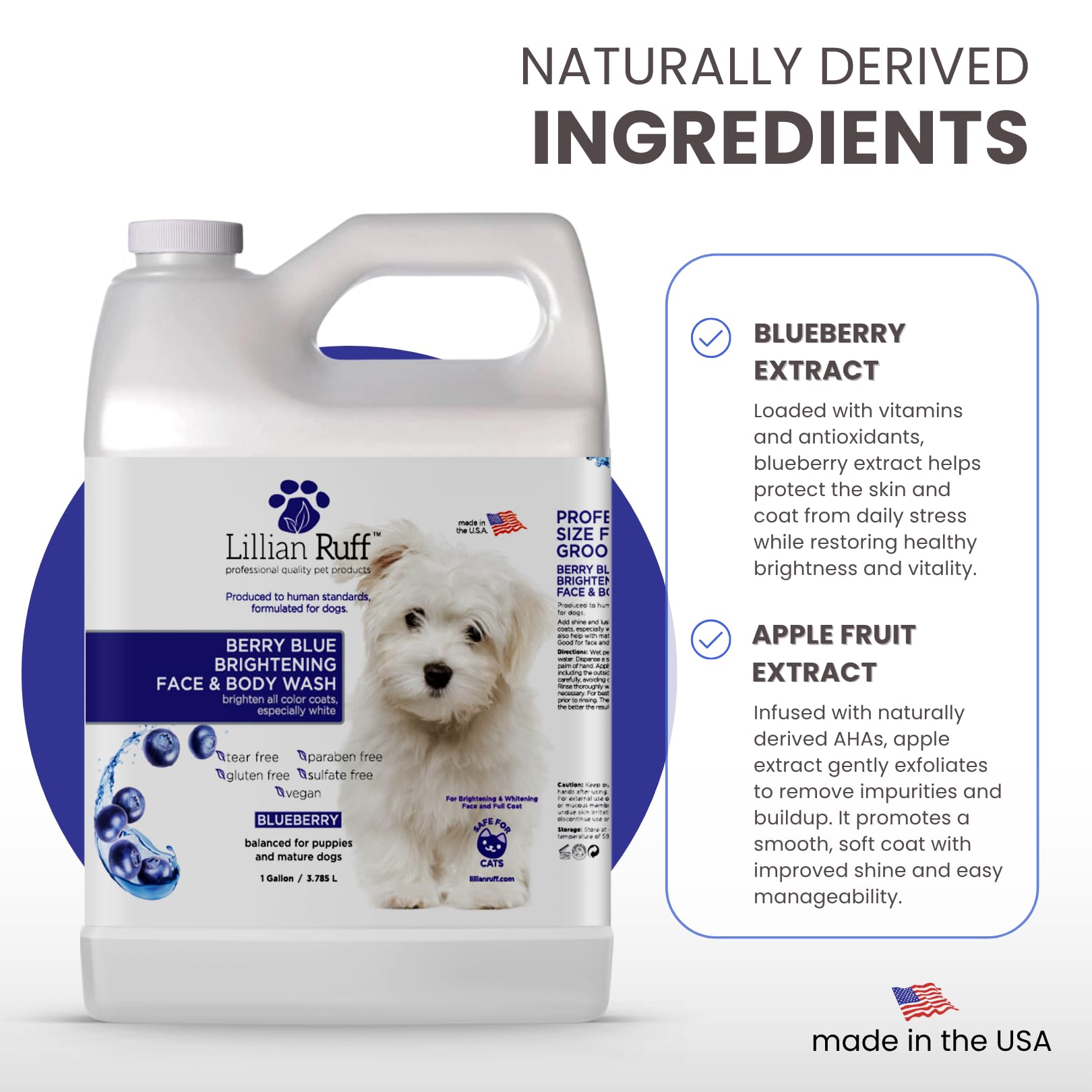 Lillian Ruff Berry Blue Face and Body Wash cleanses the full coat with spa-like brightness.