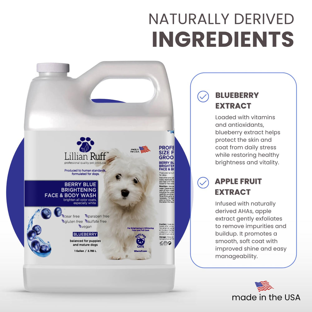 Lillian Ruff Berry Blue Face and Body Wash cleanses the full coat with spa-like brightness.