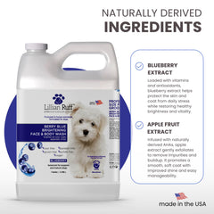 Lillian Ruff Berry Blue Face and Body Wash cleanses the full coat with spa-like brightness.