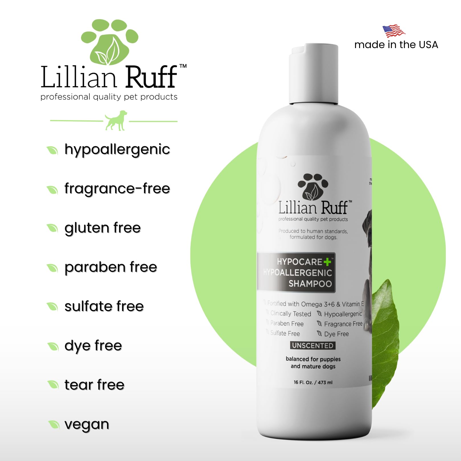 Coat nourishment with Vitamin E and B5 in Lillian Ruff shampoo for shine.