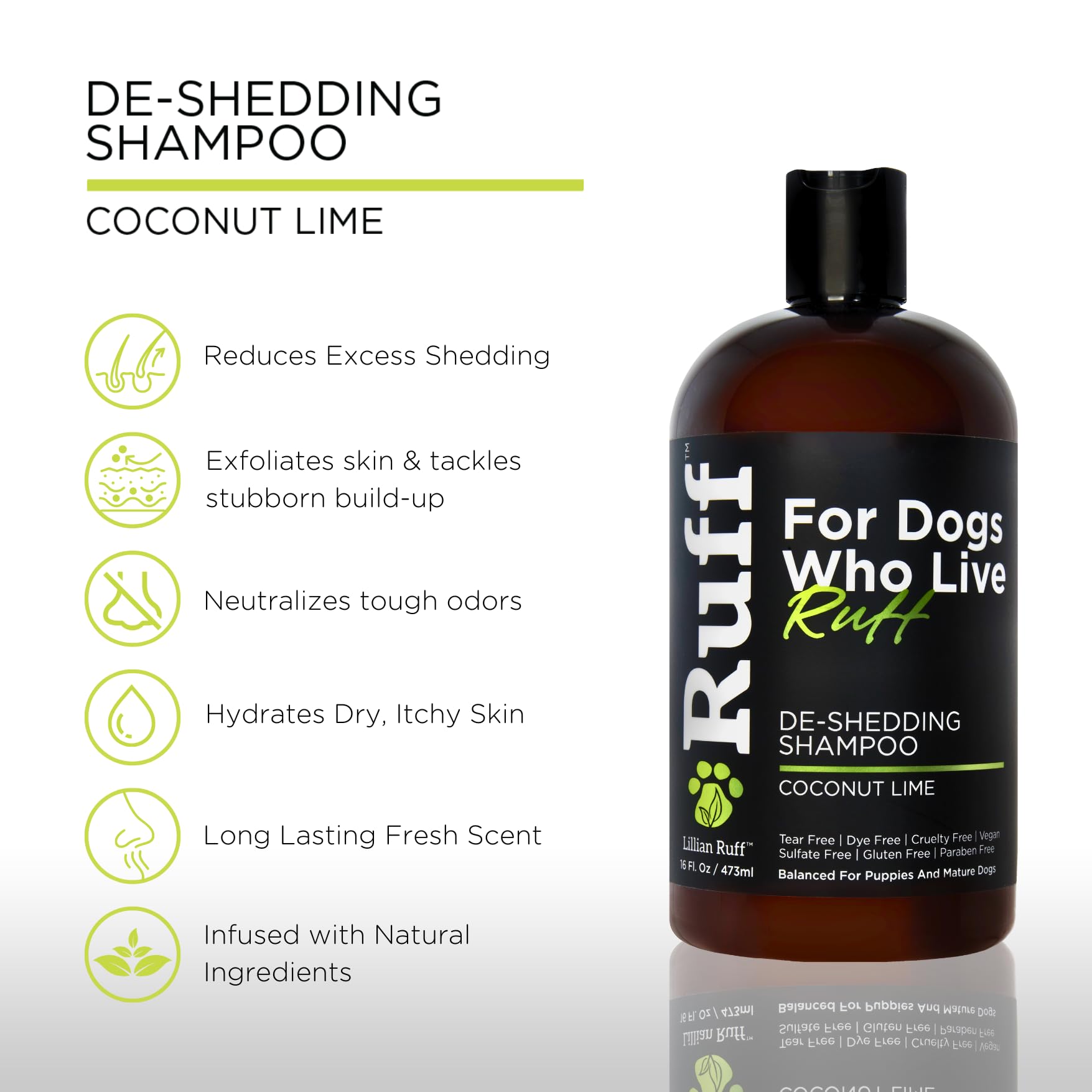 Lillian Ruff Deshedding Shampoo foam lather eases grooming.
