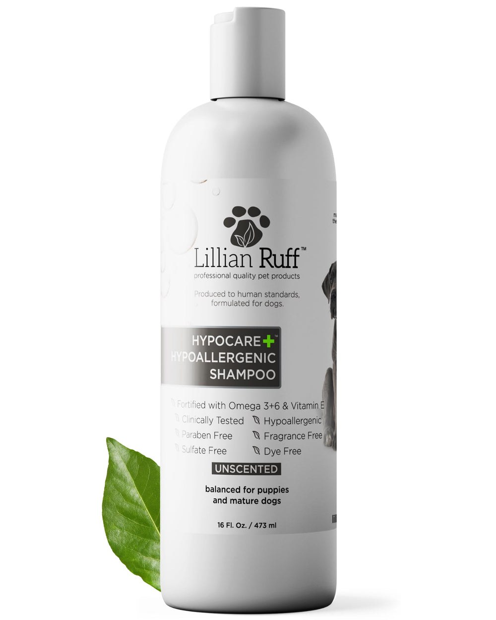 Lillian Ruff HypoCare Plus Oatmeal Dog Shampoo bottle showing fragrance-free formula for sensitive skin.