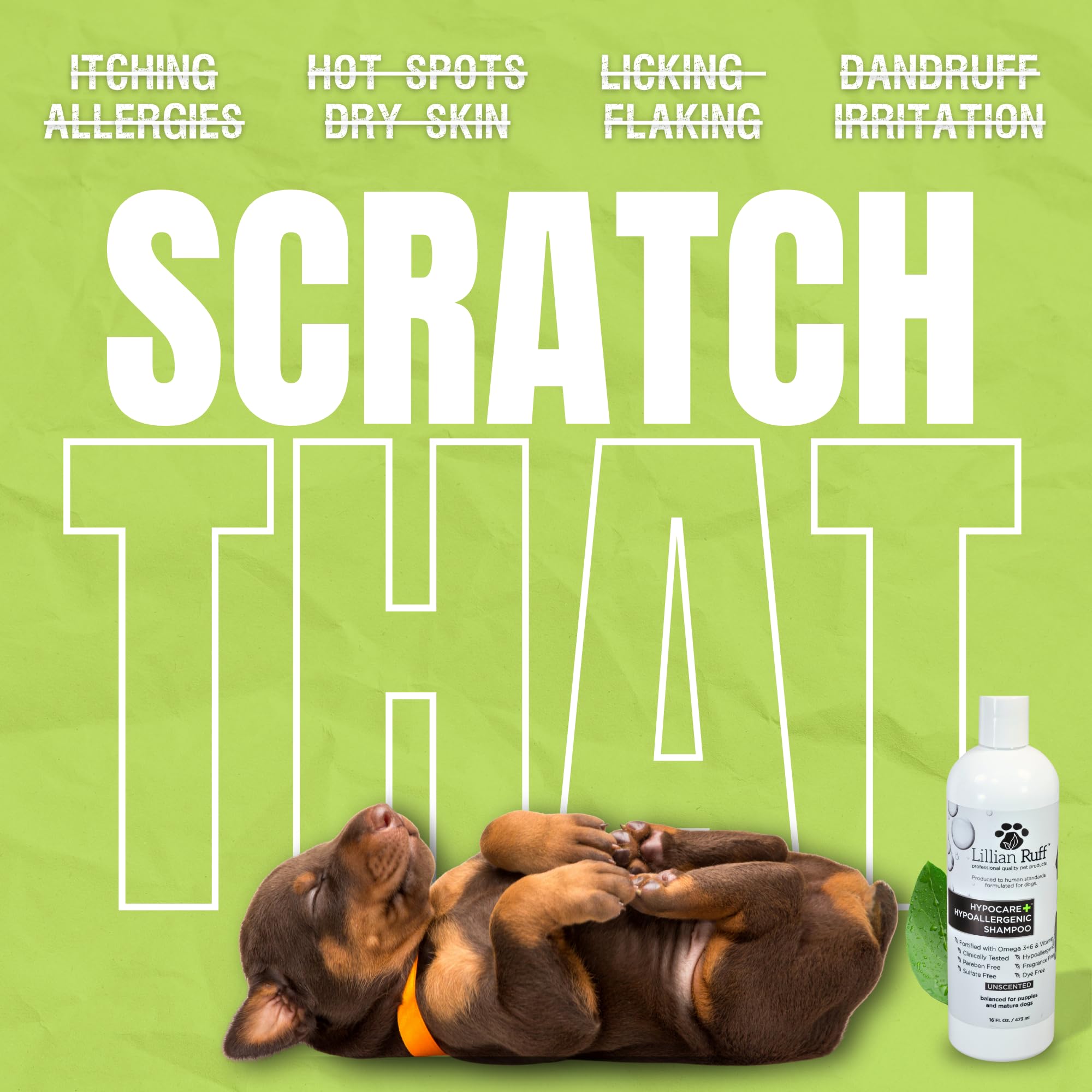 Lillian Ruff HypoCare Plus shampoo lather illustrating gentle cleansing for itchy skin.