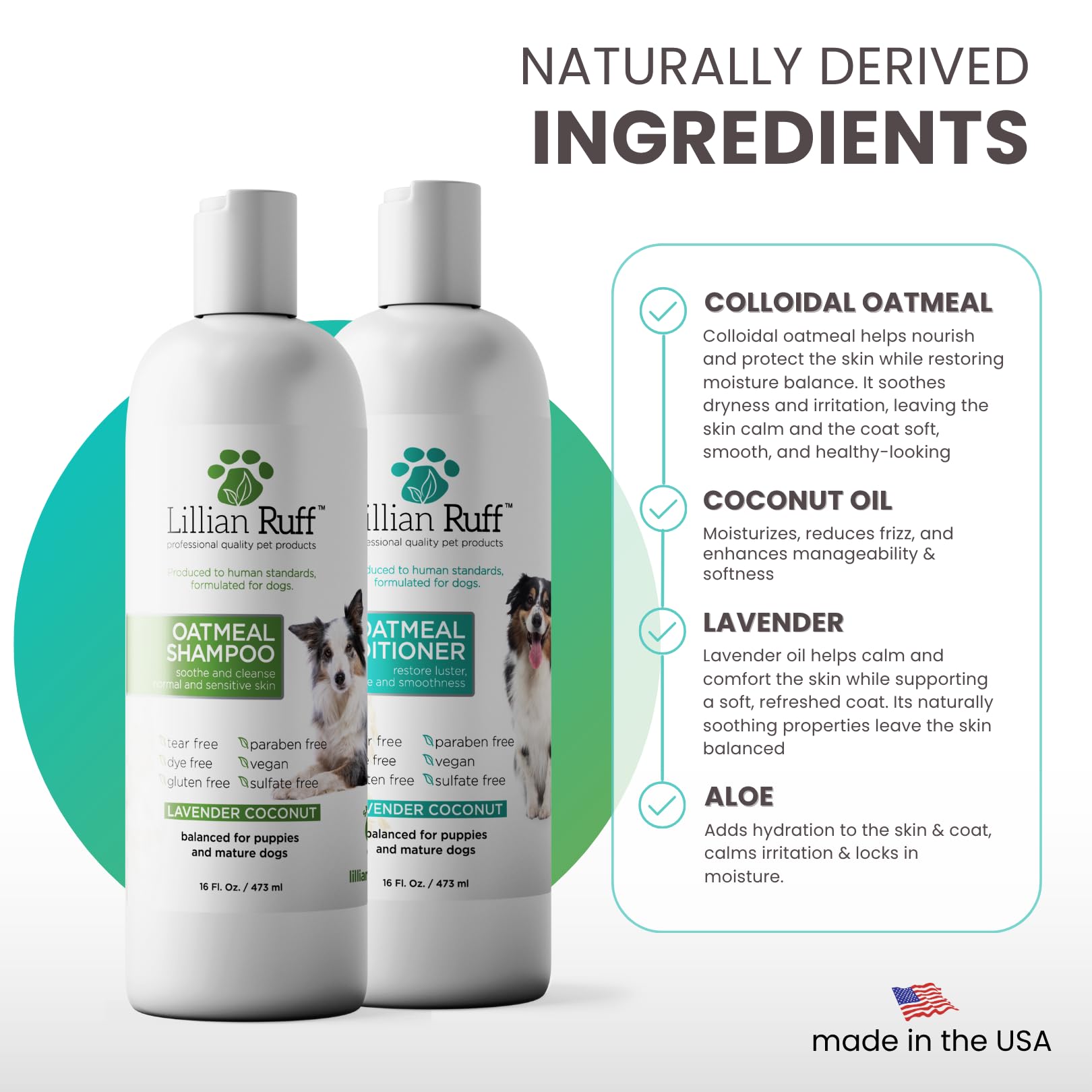 Lillian Ruff lavender coconut scent evokes a tranquil bath experience for dogs