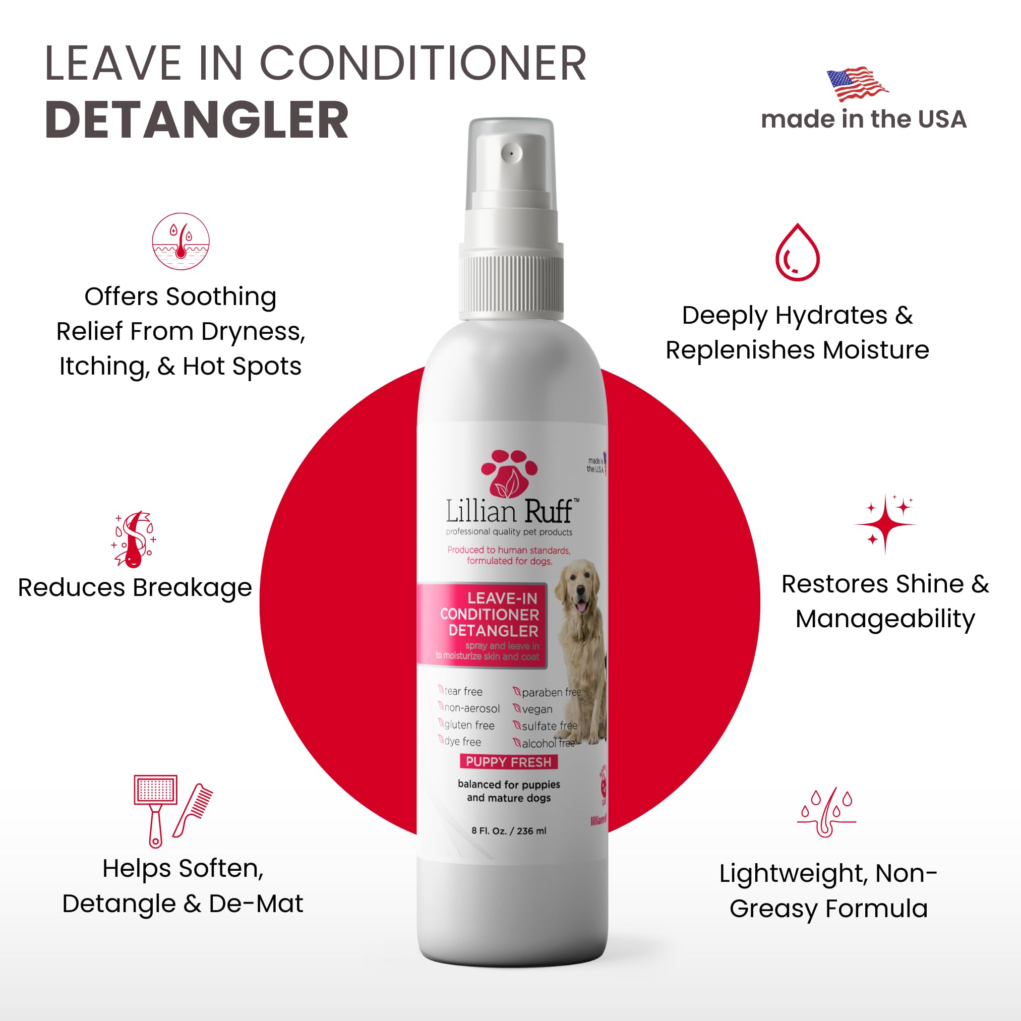 Lillian Ruff detangler spray in action on coat for easier grooming.