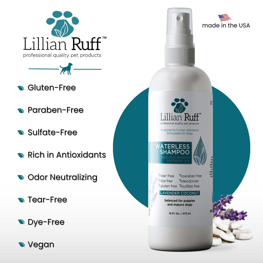 Lillian Ruff made in USA, pH-balanced dog shampoo for clean grooming.