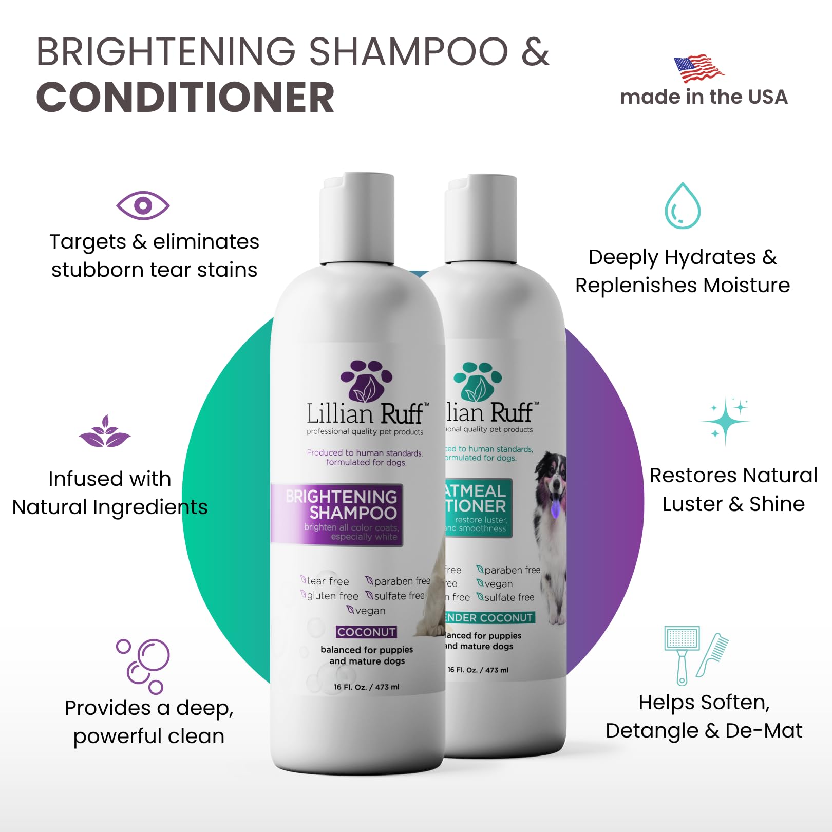 Lillian Ruff Oatmeal Conditioner provides gentle hydration for skin and coat.