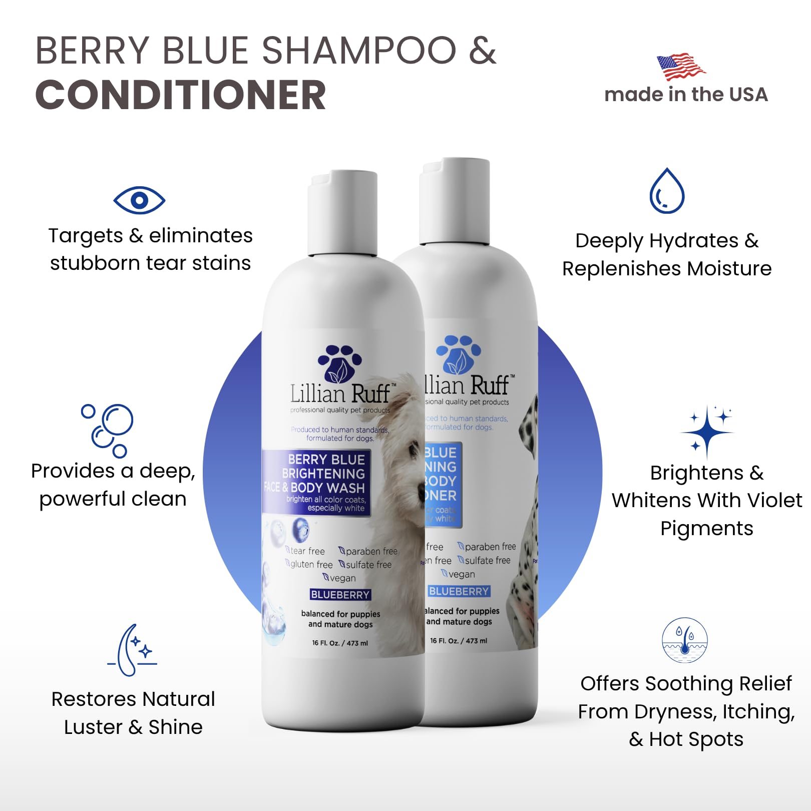 Lillian Ruff PRO Berry Blue Brightening Conditioner bottle offering whitening and moisture for a soft coat.