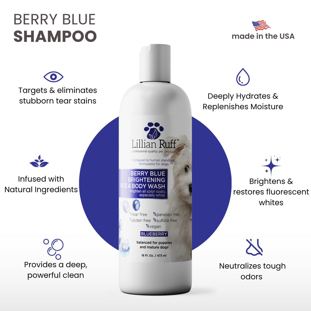 Berry Blue Shampoo bottle demonstrates rich lather for vivid coat colors and easy rinse.