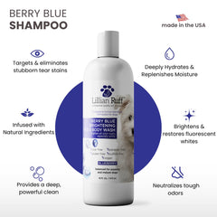 Berry Blue Shampoo bottle demonstrates rich lather for vivid coat colors and easy rinse.